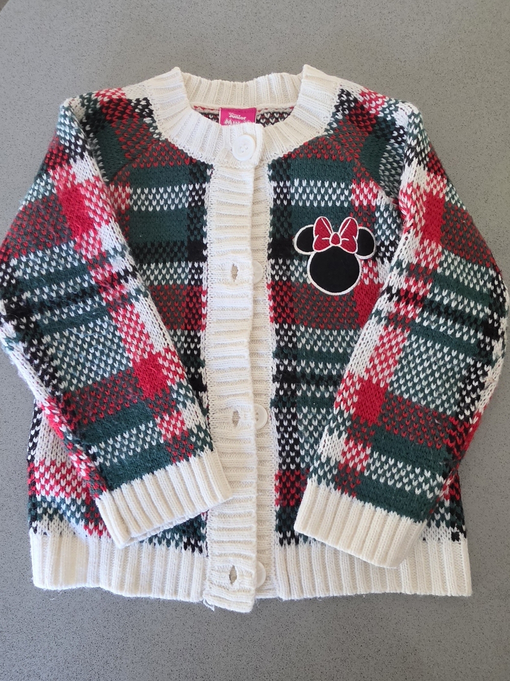 Disney Cream Plaid Cardigan with Minnie Patch